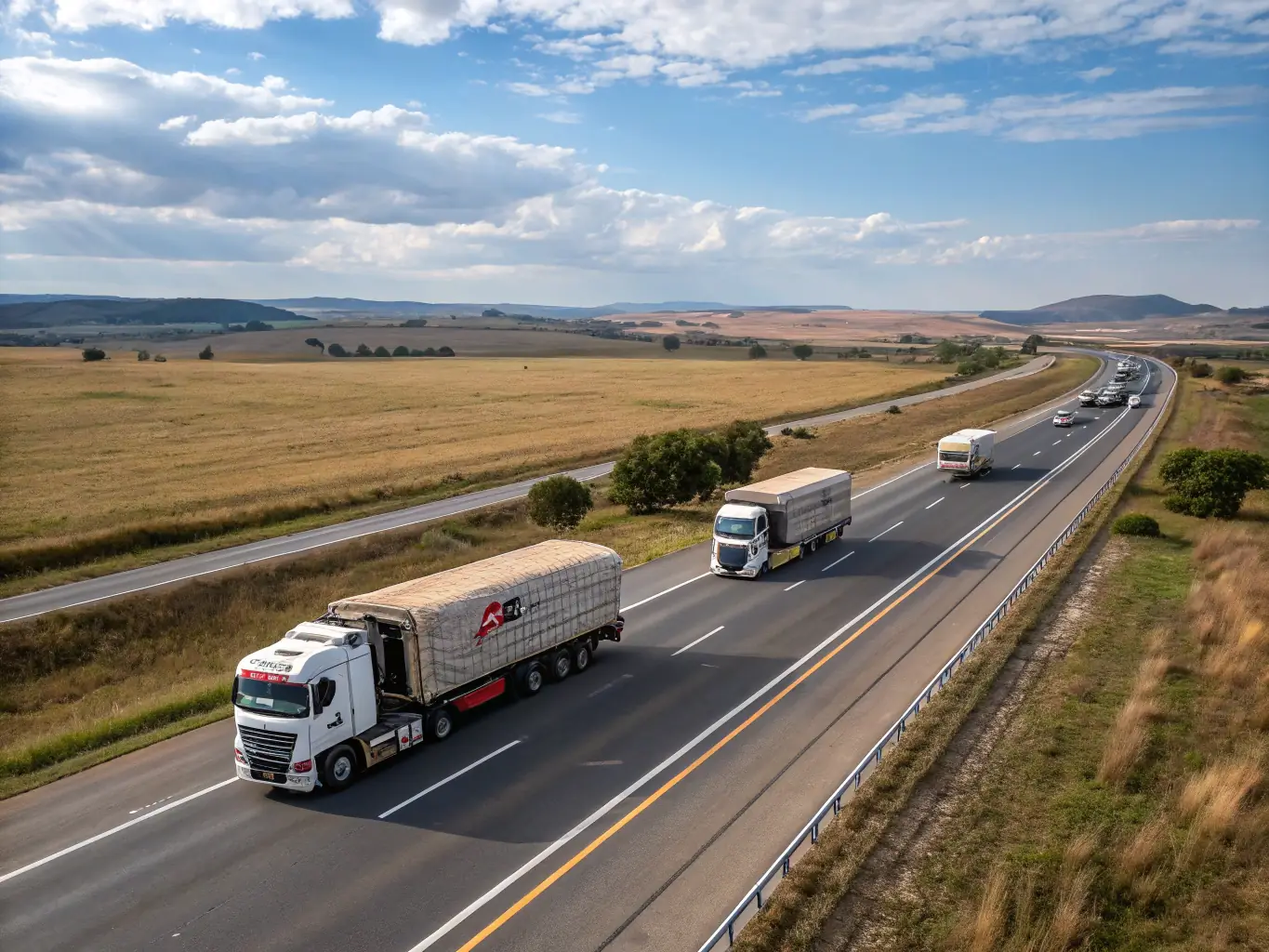 A fleet of trucks on a highway, illustrating land transportation capabilities.