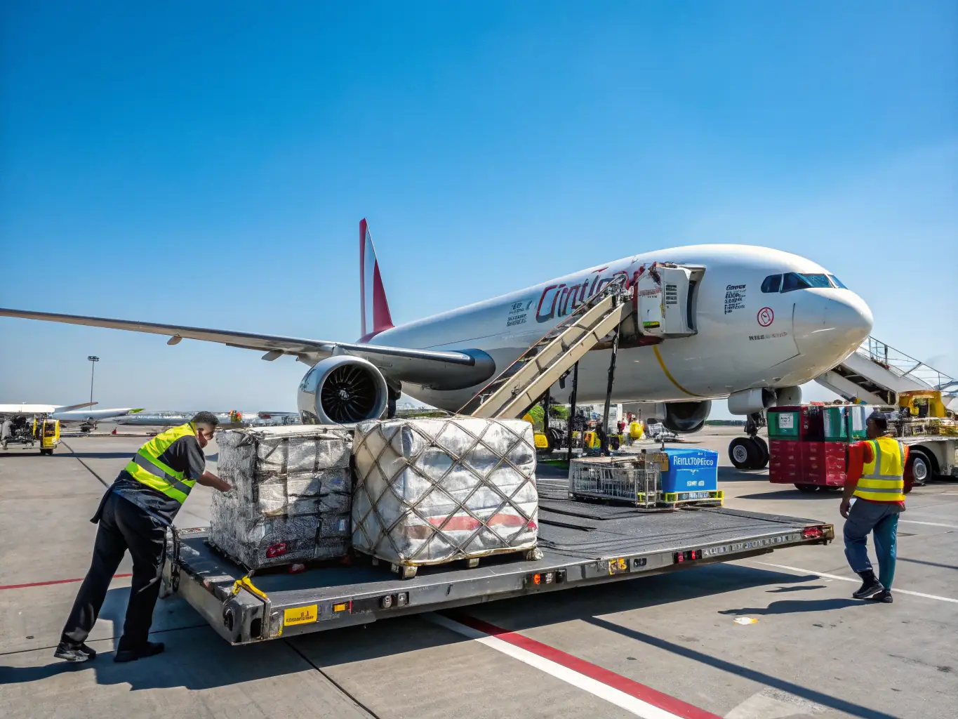 An image of an airplane taking off from a busy airport, symbolizing swift international air cargo.