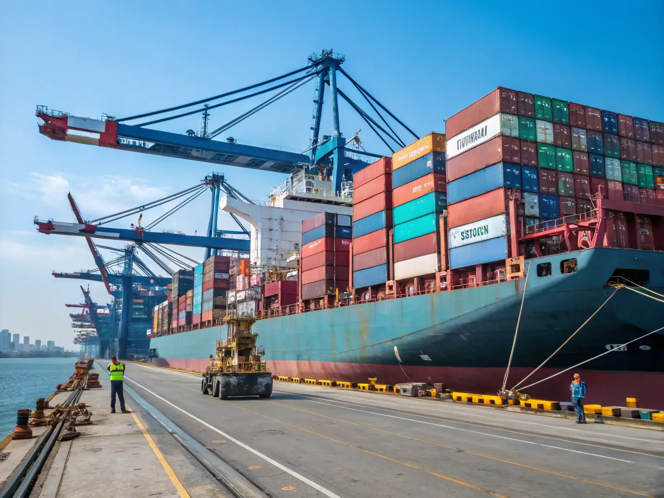 A cargo ship docked at a busy port with containers stacked high, representing maritime logistics.